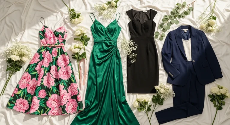 Stylish and beautiful outfit ideas to wear to a wedding displayed in an elegant flat lay