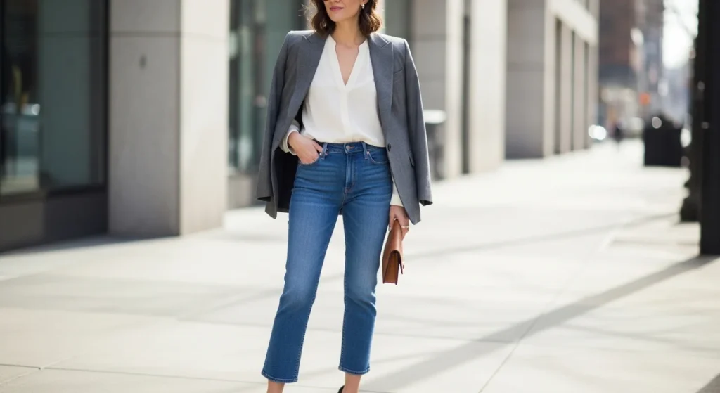 A stylish woman wearing barrel jeans in a modern urban setting, showcasing the distinctive curved silhouette of the denim style