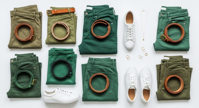 Trendy green pants outfits collection featuring various shades of green trousers styled with accessories