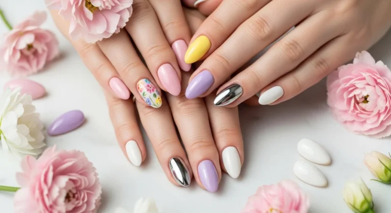 Trendy spring almond nail ideas displayed in a stunning editorial beauty flat lay with pastel floral and chrome designs