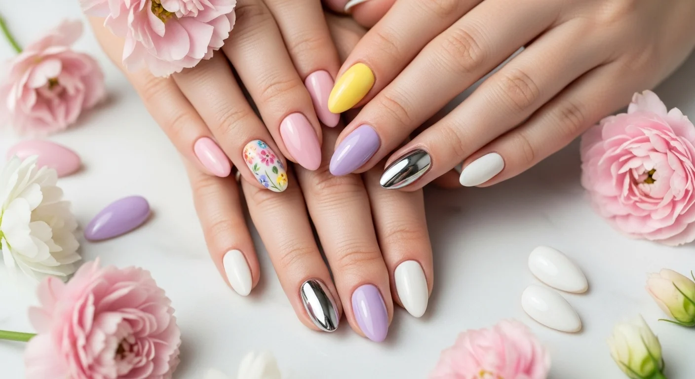 Trendy spring almond nail ideas displayed in a stunning editorial beauty flat lay with pastel floral and chrome designs