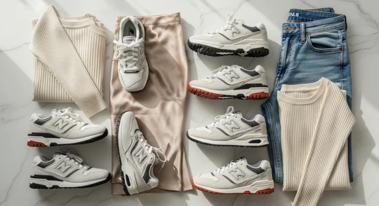 Viral New Balance outfits styled with trendy clothing pieces on a white marble surface