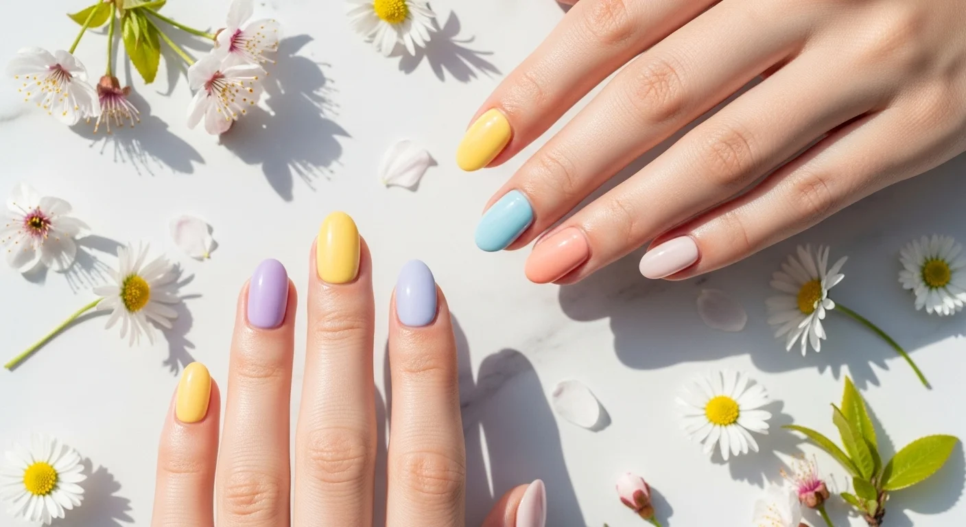 short almond shaped nails painted in a creamy butter yellow shade with a high gloss top coat finish