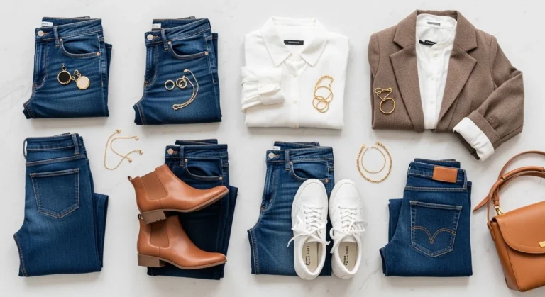 Dark blue jeans outfit ideas flat lay featuring indigo denim, white shirts, blazer, leather boots, sneakers, and gold accessories on white marble surface