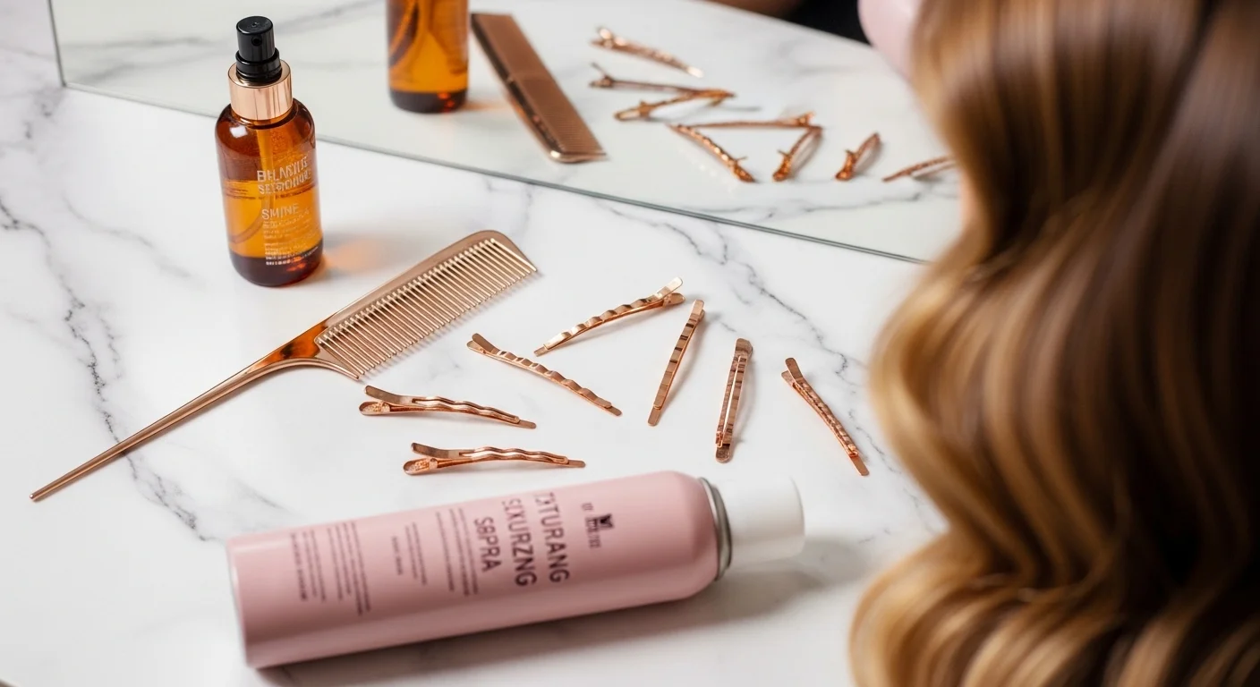 Flat lay of hair styling tools and accessories with editorial hairstyle reflection in mirror