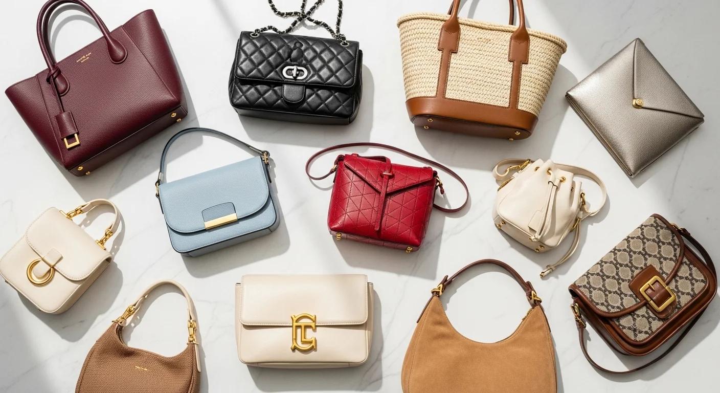 Flat lay of multiple hottest handbag trends 2026 including totes, clutches, chain strap and woven bags on white marble surface