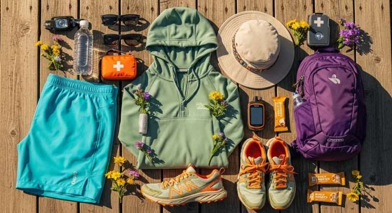 Flat lay of viral summer hiking outfits essentials including sage green sun hoodie, trail runners, bucket hat, and daypack on a wooden trail surface with wildflower