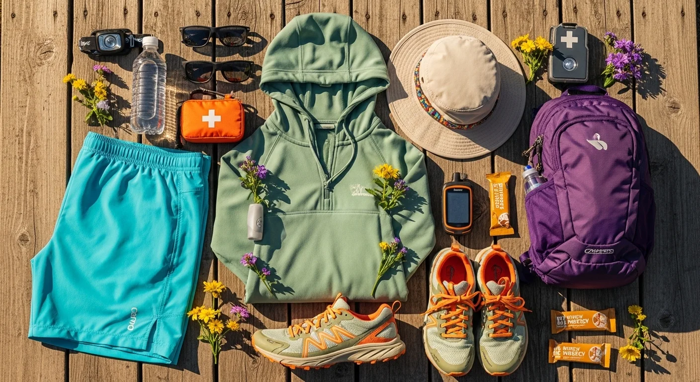 Flat lay of viral summer hiking outfits essentials including sage green sun hoodie, trail runners, bucket hat, and daypack on a wooden trail surface with wildflower