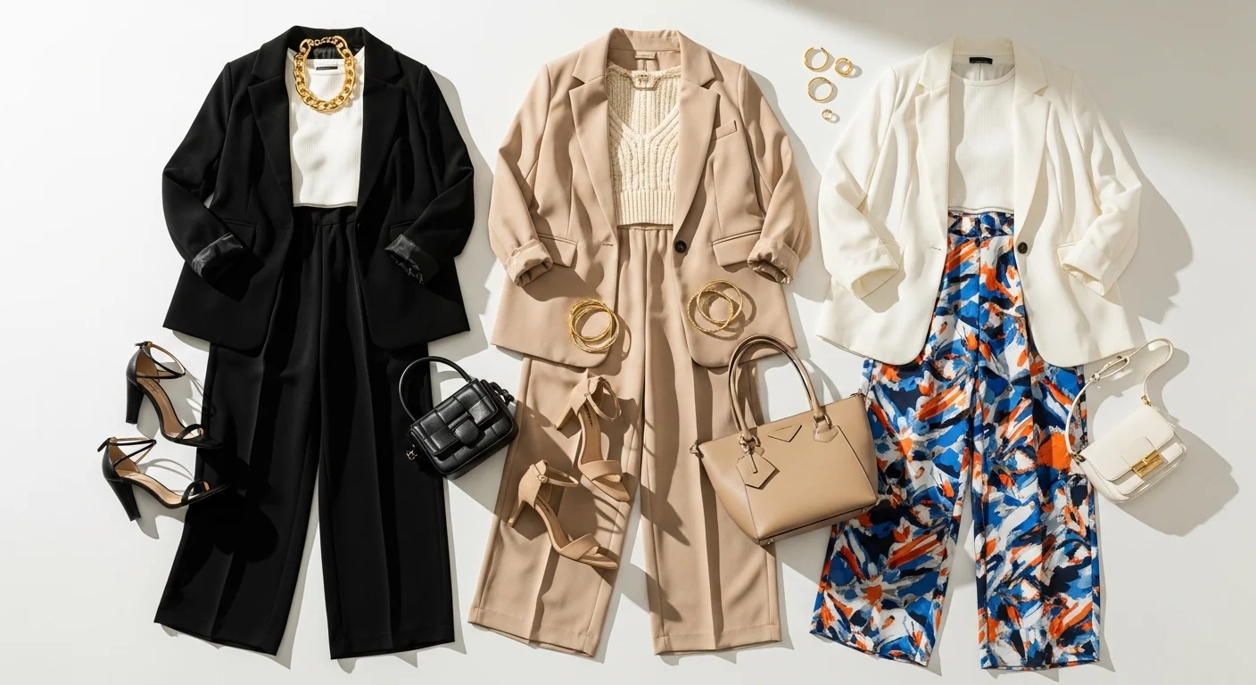 Viral palazzo pants outfit ideas flat lay featuring wide leg pants in multiple colors and fabrics styled with crop tops, blazers, heeled sandals, and gold accessories