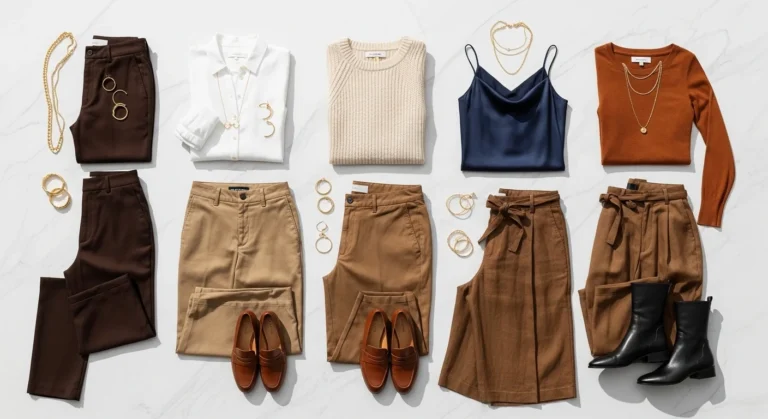 brown pants outfit ideas flat lay with chocolate trousers tan chinos and wide leg linen pants styled with white cream and navy tops gold jewelry and leather loafers