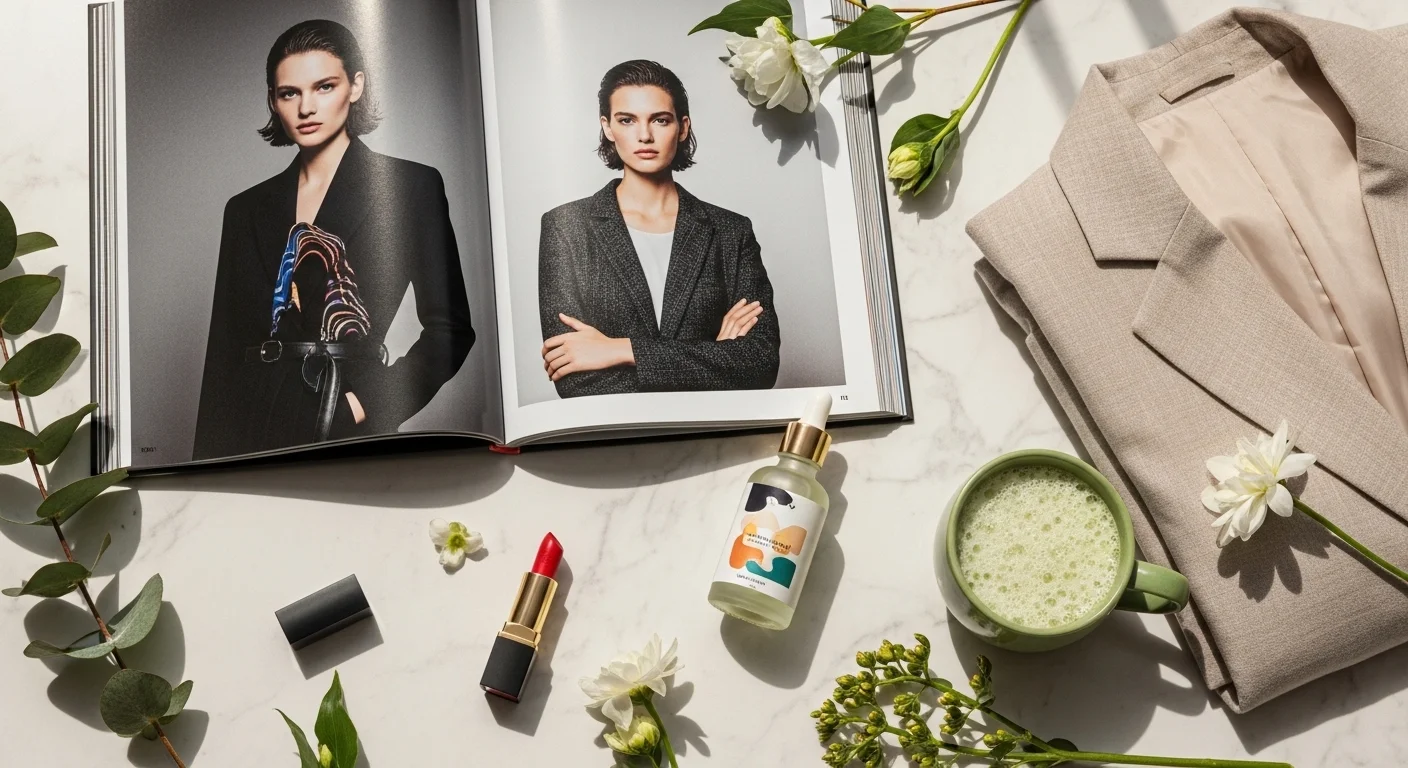 hottest trend fashion beauty and health editorial flat lay with magazine serum and linen blazer 2026